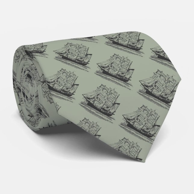 Cravate gris avec navire Vintage noir (Roulé)
