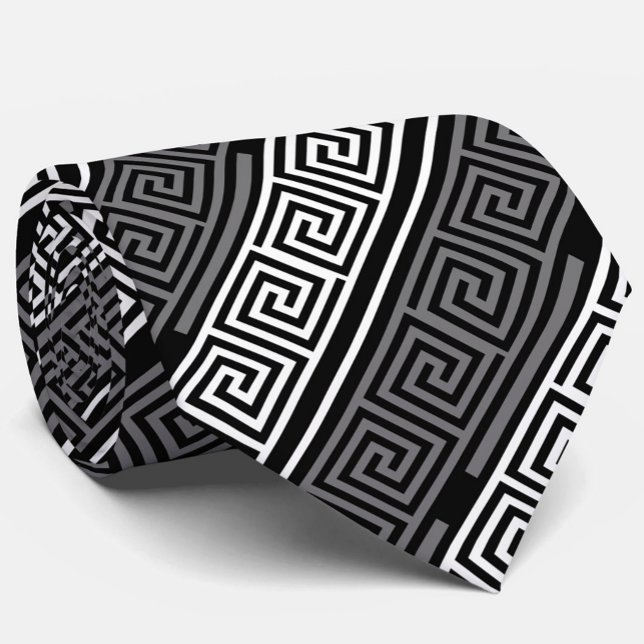 Cravate Gris Blanc Noir Clé grecque Fret Motif Design (Créateur téléchargé)