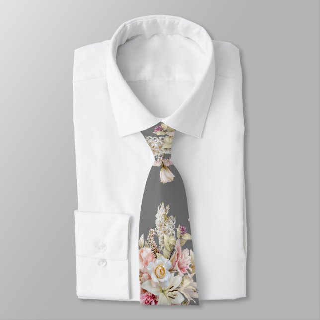Cravate Grooms Mariage Floral Bouquet Motif sur Grey (Attaché)