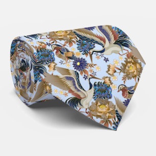 Cravate Grue Japonaise Vintage Chrysanthème Bleu Ciel Bleu