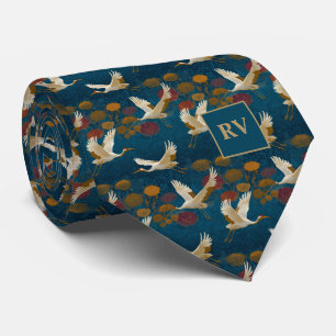 Cravate Grues en Automne Floral sur Bleu Nuit