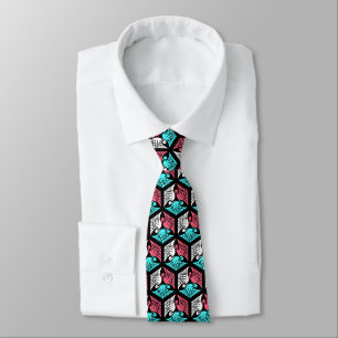 Cravate Grues japonaises, corail, turquoise et noir