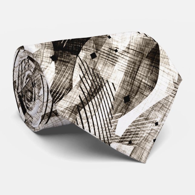 Cravate Grunge abstrait géométrique rayé beige noir (Roulé)
