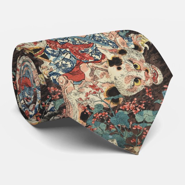 Cravate GUERRIÈRE JAPONAISE TUANT UN CHAT MONSTREUX Ukiyoe (Roulé)
