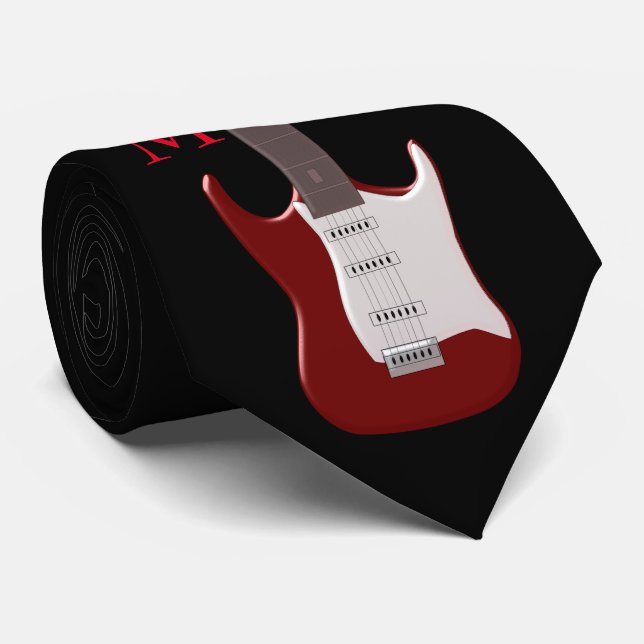 Cravate Guitare électrique rouge décorée d'un monogramme (Roulé)