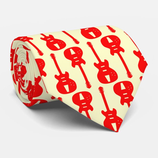 Cravate Guitare électrique - Rouge sur crème (Roulé)
