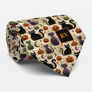 Cravate Halloween Cat Whiskers & Citrouilles Monogramme