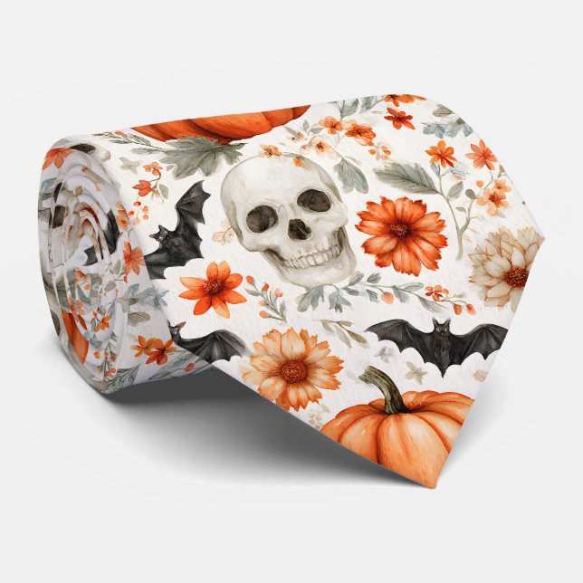 Cravate Halloween Crânes fleurs et citrouille (Roulé)