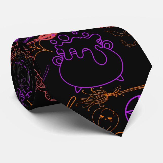 Cravate Halloween Witchcraft Motif Neon 01 Black BG (Roulé)