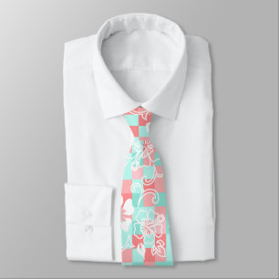 Cravate Hibiscus damier Hawaïen Floral - Menthe