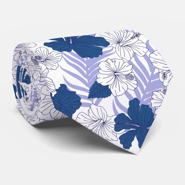 Cravate Hibiscus Fleurs Bleu Blanc Plage Mariage (Roulé)