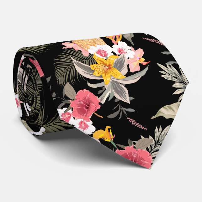 Cravate Hibiscus floral ananas hawaïen Imprimer sur noir (Roulé)