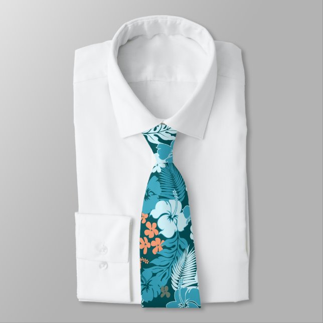 Cravate Hibiscus Hawaii de la baie de Kona Turquoise et Eu (Attaché)