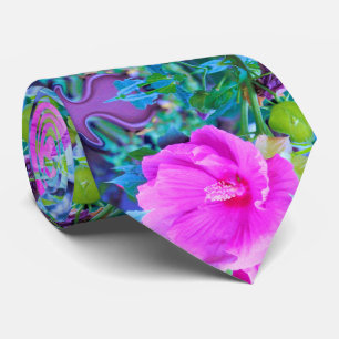 Cravate Hibiscus rose élégant au feuillage bleu ondulé