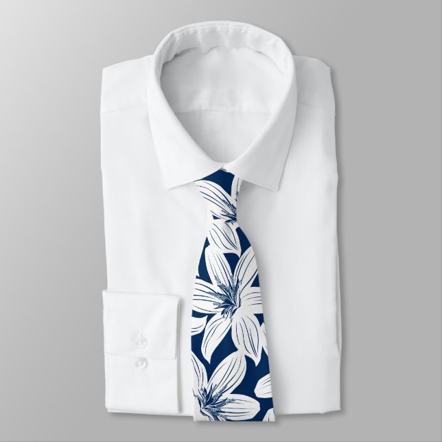 Cravate hibiscus tropical blanc et marine (Attaché)