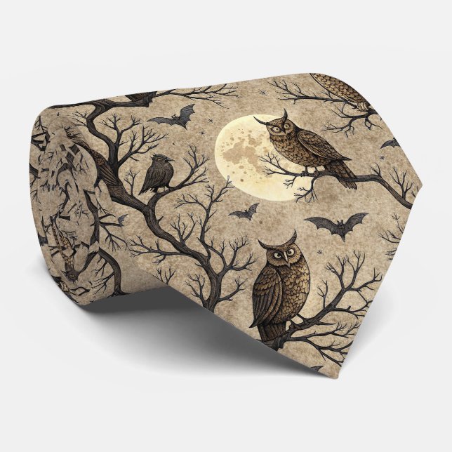 Cravate Hiboux et lune d'Halloween vintage (Roulé)