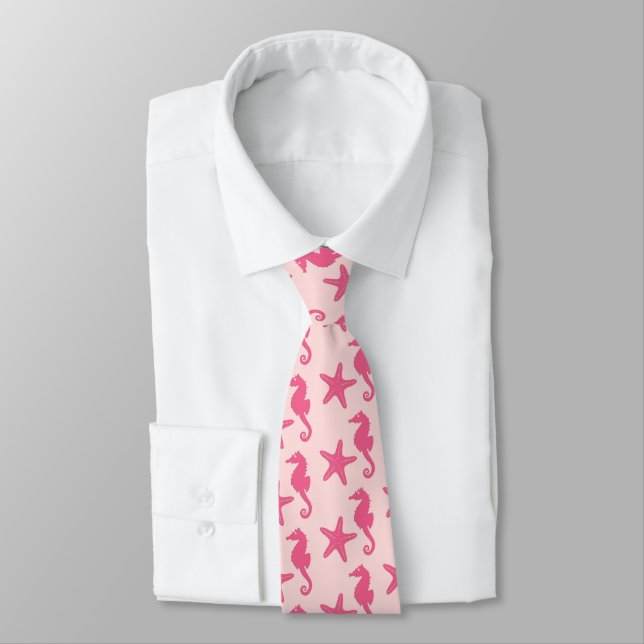 Cravate Hippocampe et étoiles de mer - rose de corail (Attaché)