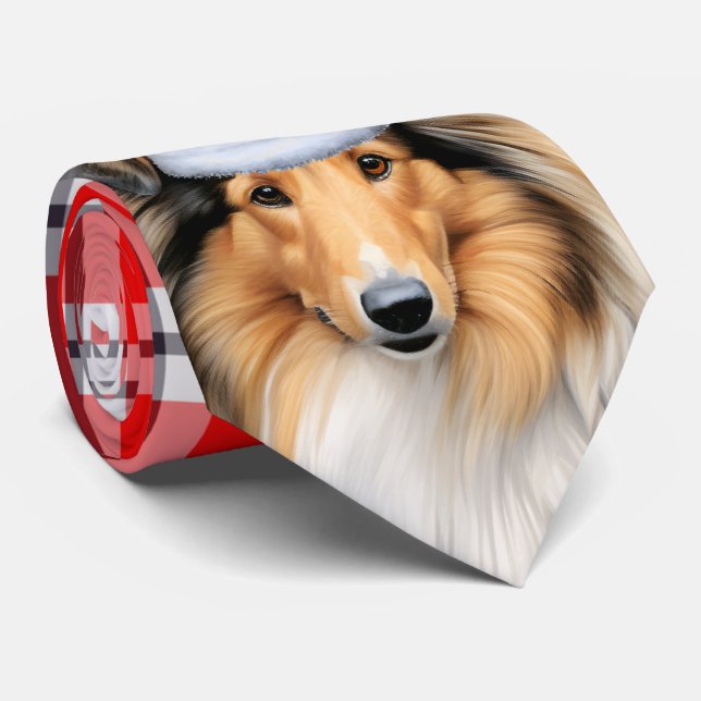 Cravate Holiday Collie Chien rouge et blanc Plaid Noël (Roulé)