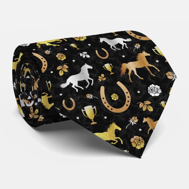 Cravate Horse Racing Derby Day Party Black Gold Motif (Roulé)