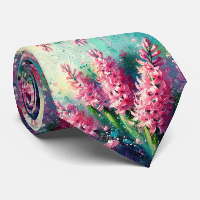 Cravate Hyacinthes roses Floral Impressionniste Peinture (Roulé)