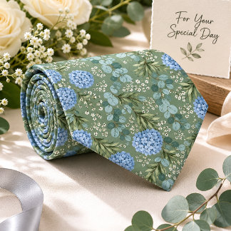 Cravate Hydrangea Bleu Poussière et Eucalyptus Vert Sauge