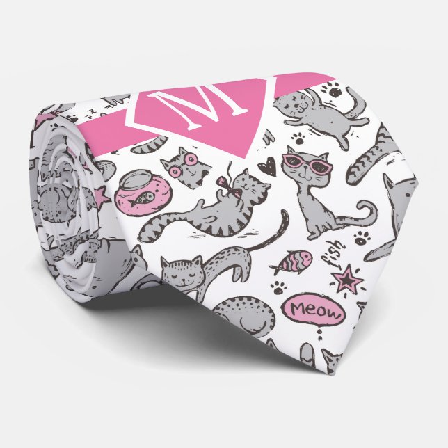 Cravate Idées cadeaux de chat Whimiscal rose et gris (Roulé)