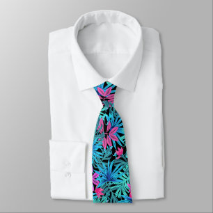 Cravate Illustration des Feuilles tropicaux bleu et rose