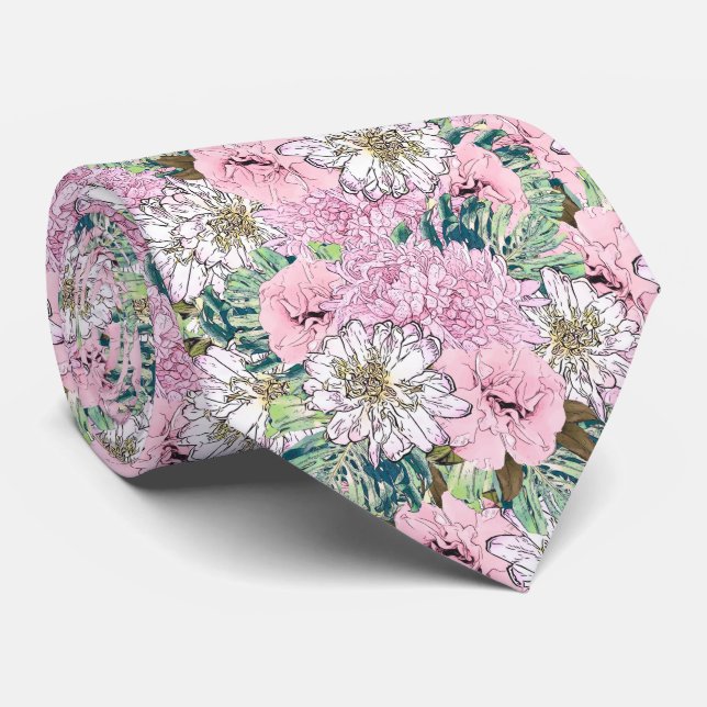 Cravate Illustration florale mignonne rose et blanc (Roulé)