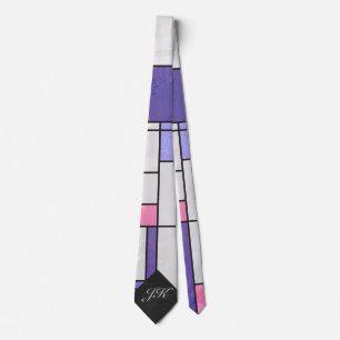 Cravate Impression blanche violette rose de Mondrian