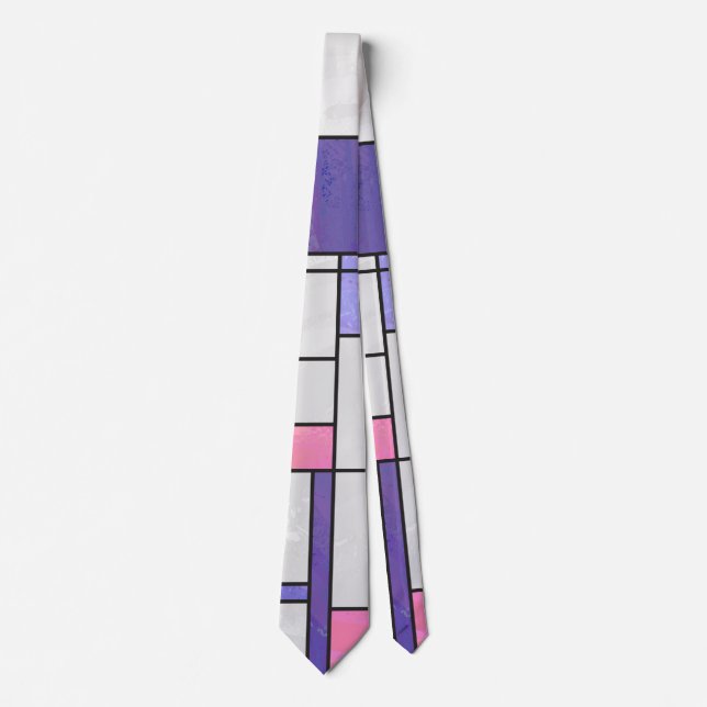 Cravate Impression blanche violette rose de Mondrian (Devant)