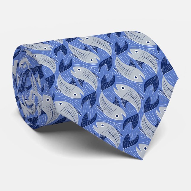 Cravate Impression de bloc de poisson - bleu (Roulé)
