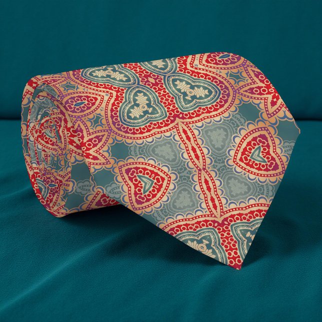 Cravate Indien Orné Boho Rouge et Motif Turquoise (Créateur téléchargé)