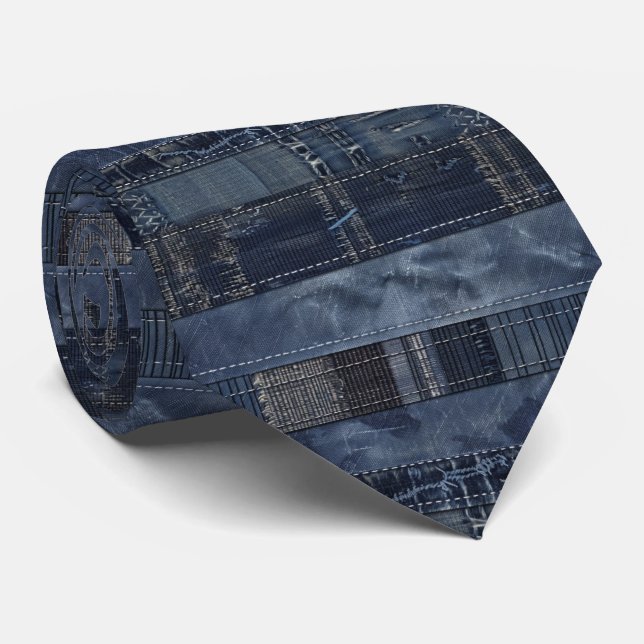 Cravate Indigo Denim Patchwork Seamless Motif (2) (Roulé)