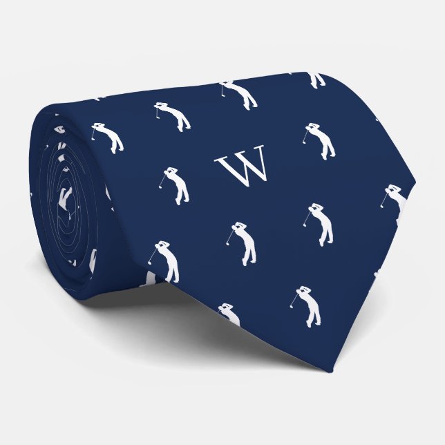 Cravate Initiales Monogrammes de Swing de Golf Bleu Marine (Roulé)