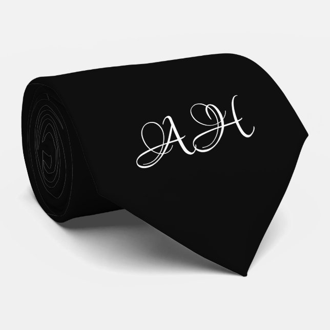Cravate Initiales noires Groomsmen Monogramme Monogramme (Roulé)