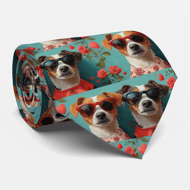 Cravate Jack Russell avec coeur Roses Saint-Valentin (Roulé)