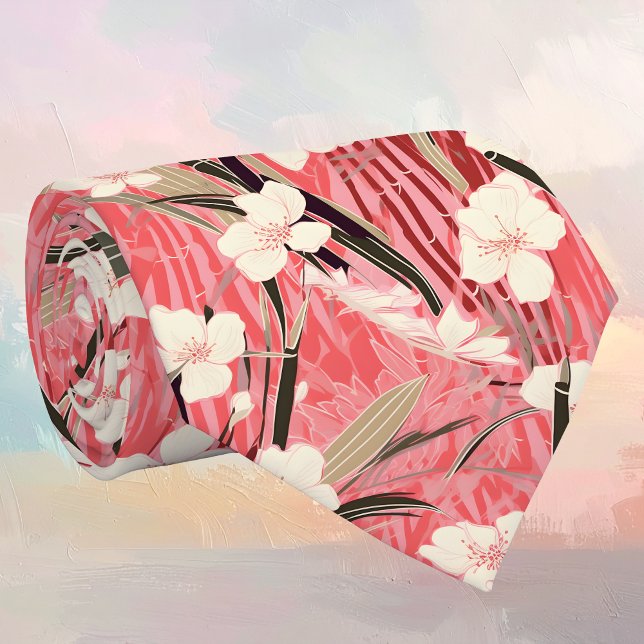 Cravate Japanese Floral Blossoms in White on Pink Burgundy (Créateur téléchargé)