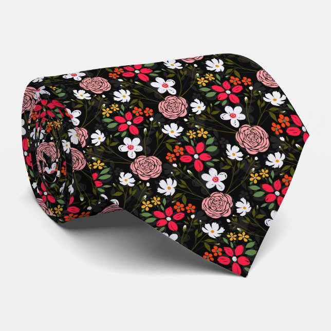 Cravate Joli blanc rose floral noir brush Strokes (Roulé)