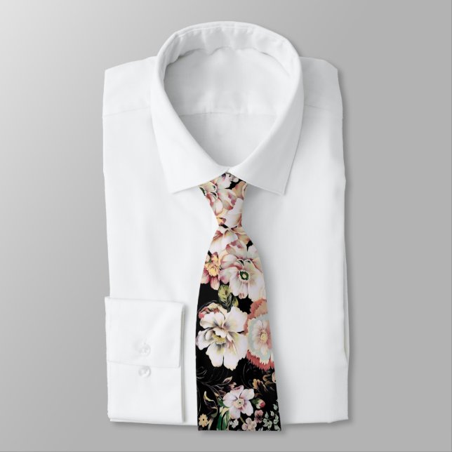 Cravate joli chic girly rose noir floral (Attaché)