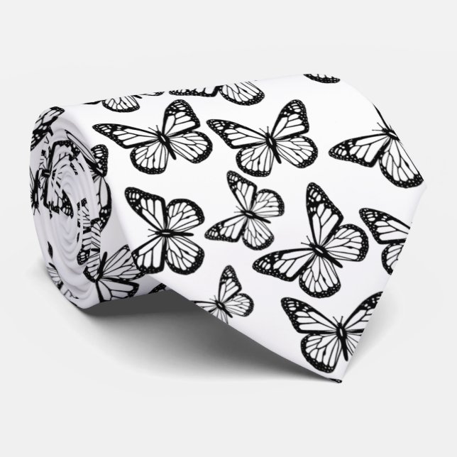 Cravate Joli joli Motif de papillon blanc noir (Roulé)