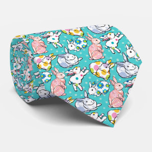 Cravate Joli lapin Pâques Rose blanc sur Motif Turquoise