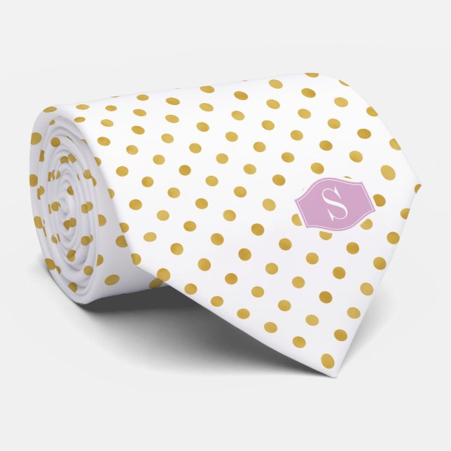 Cravate Joli or et blanc motif pois monogramme (Roulé)