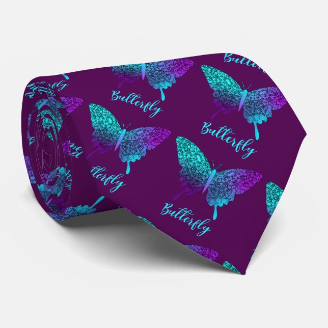 Cravate Joli papillon Turquoise violet ombre graphique (Roulé)