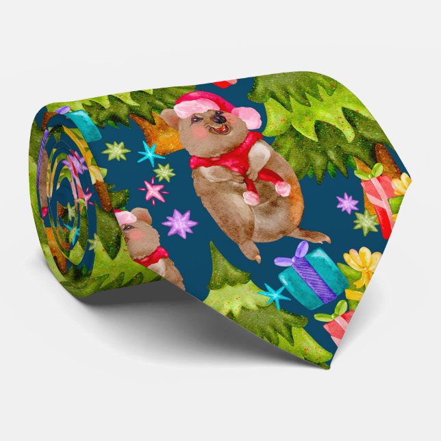 Cravate Joli Quokka Bleu Noël (Roulé)
