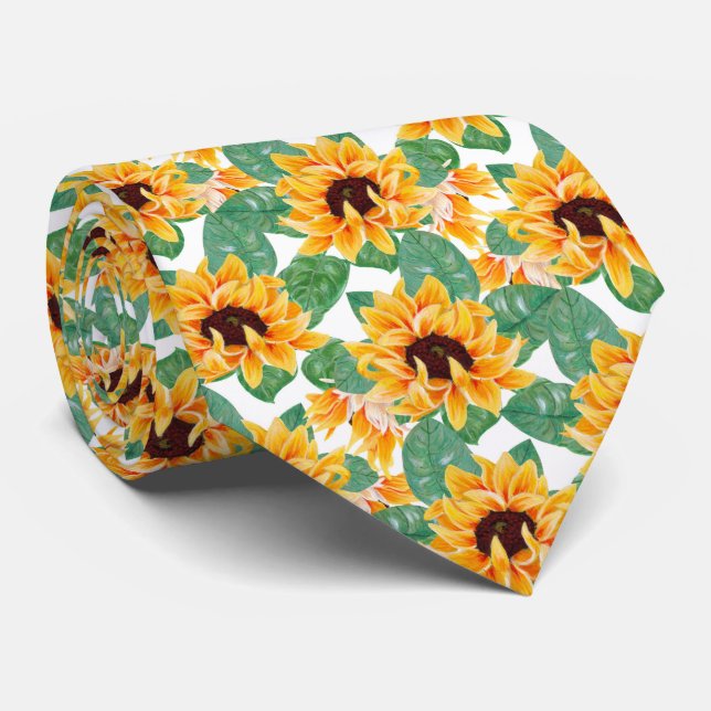 Cravate Joli tournesol Jaune et Motif vert (Roulé)
