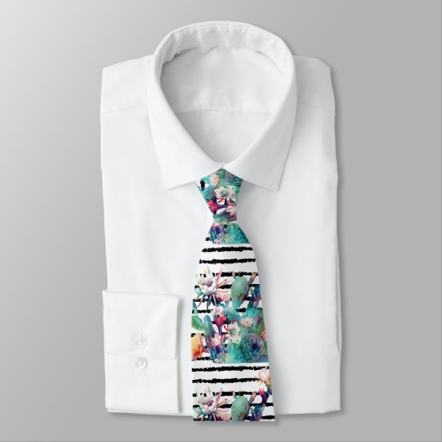 Cravate Jolie aquarelle Cactus Floral Black Stripes (Attaché)