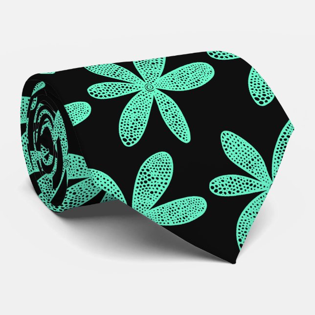 Cravate Jolie Fleur - Turquoise sur Noir (Roulé)