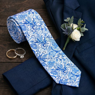 Cravate Jolie lumière bleu foncé blanc floral Paisley Art