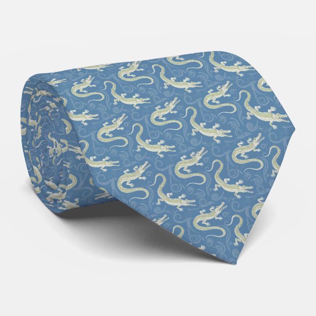 Cravate Jouer Alligator Vert Paisley sur Bleu (Roulé)