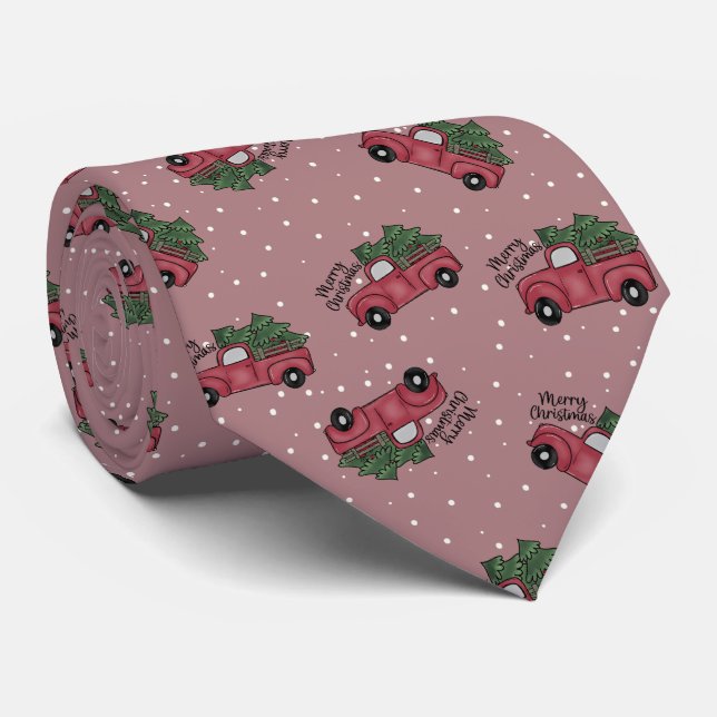 Cravate Joyeux Noël Vintage Camion rouge (Roulé)
